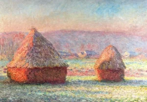 Haystacks - White Frost, Sunrise, 1889 by Claude Monet