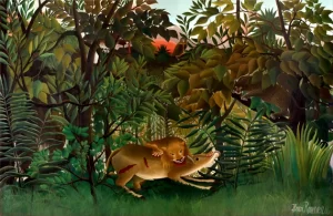 Hungry Lion Attacking an Antelope by Henri Rousseau