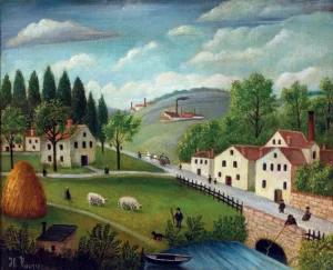 Pastoral landscape with stream, fisherman and stroller by Henri Rousseau
