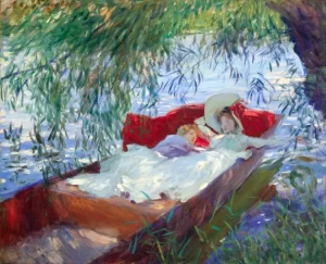 Lady and Child asleep In a Punt Under the Willows 1887 by John Singer Sargent