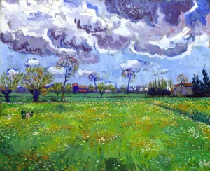 Meadow With Flowers Under A Stormy Sky by Vincent Van Gogh