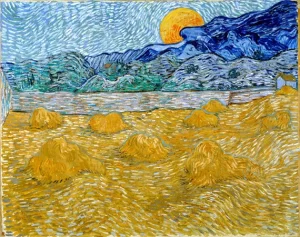 Landscape With Wheat Sheaves And Rising Moon 1889 by Vincent Van Gogh