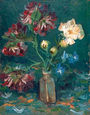 Small Bottle With Peonies And Blue Delphiniums by Vincent Van Gogh
