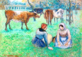 Paysannes Assises Gardant des Vaches 1886 by Camille Pissarro