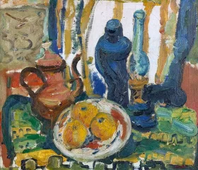 Still life with fruit, coffeepot and a oillamp 1938 by Chaïm Soutine