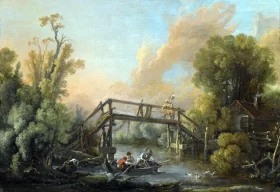 A river landscape with a Woman Crossing a Bridge and Three Men In a Boat on the river below by Francois Boucher
