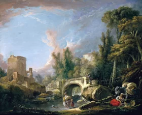 River Landscape with Ruin and Bridge 1762 by Francois Boucher