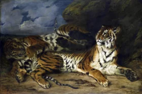 Young Tiger Playing With Its Mother 1830-2 by Eugene Delacroix