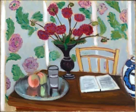 Still Life, Bouquet of Dahlias and White Book by Henri Matisse