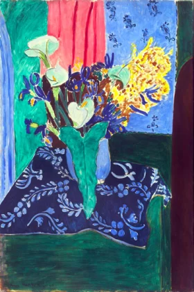 Arum Lilies, Irises and Mimosa (Flowers in a Blue Vase on a Blue Tablecloth) by Henri Matisse