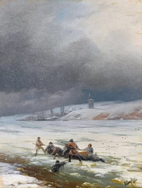 Hauling a Horse and Cart out of the Ice 1876 by Ivan Aivazovsky