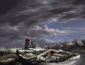Winter landscape with figures on a path, a footbridge and windmills beyond by John Constable