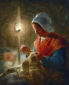 Woman Sewing by Lamplight by Francois Millet