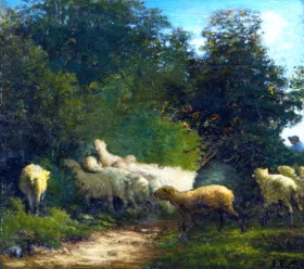 Sheep Grazing Along a Hedgerow by Francois Millet