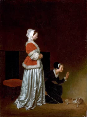A lady and her maid chastising a spaniel by Jean-Honoré Fragonard