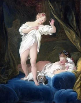Two girls on a bed playing with their dogs by Jean-Honoré Fragonard