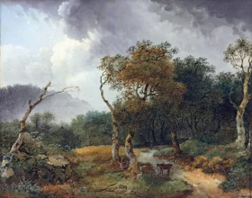 A wooded landscape with milkmaids and their cattle sheltering from a shower by Jean-Honoré Fragonard