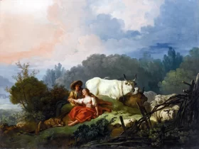 Pastoral landscape with a shepherd and shepherdess at rest by Jean-Honoré Fragonard