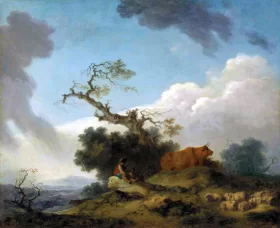 A shepherd and herdsman seated on a rock with cows and sheep, a landscape beyond by Jean-Honoré Fragonard