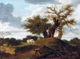 A wooded landscape with figures at the edge of a pond by Jean-Honoré Fragonard