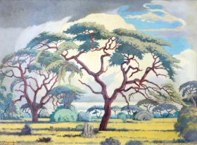 Bushveld Scene with Trees and Anthills by Jacobus Hendrik Pierneef