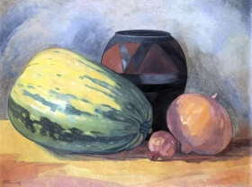 Still Life of Gourds, a Pomegranate and an African Clay Pot by Jacobus Hendrik Pierneef
