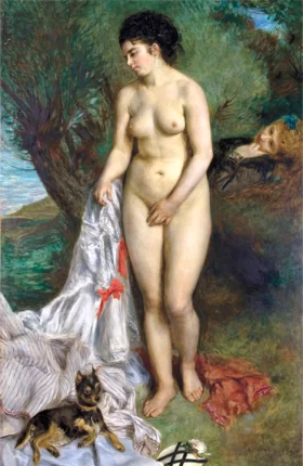Bather with a Griffon Dog - Lise on the Bank of the Seine by Pierre Auguste Renoir
