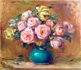 Bouquet De Roses Dans Un Vase Vert by Pierre Auguste Renoir