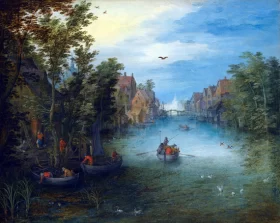 A River Running Through A Small Town, With A Cattle Ferry On The Water And Rowing Boats Setting Off From The Left Bank by Pieter Bruegel the elder