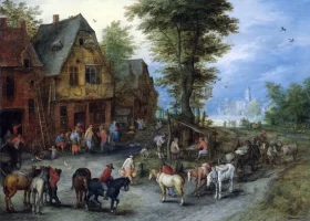 A Village Landscape With Horses, Carts And Figures Before Cottages by Pieter Bruegel the elder