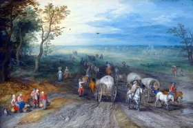 Panoramic Landscape With Travellers With Horses Carts And Cattle On A Sandy Road by Pieter Bruegel the elder