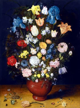 Still Life With Irises, Tulips, Roses, Narcissi And Fritillary In A Ceramic Vase by Pieter Bruegel the elder