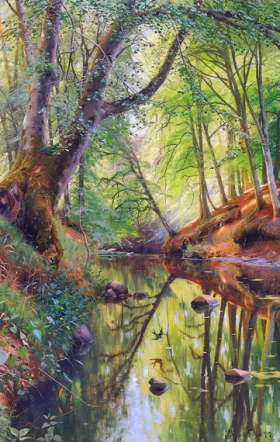 A stream running through a forest on a sunny springtime day 1897 by Peder Mørk Mønsted
