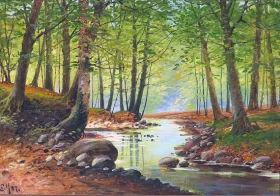 Forest scene by a stream 1887 by Peder Mørk Mønsted