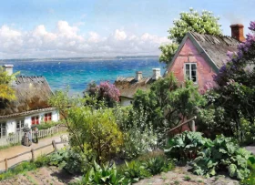 Summer day in Aalsgaarde, in the background the Swedish coast 1919 by Peder Mørk Mønsted