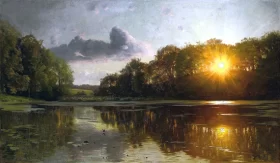 Sunset over a forest lake 1895 by Peder Mørk Mønsted