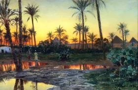 Evening landscape by Betresine with people in an oasis, In the background pyramids 1897 by Peder Mørk Mønsted
