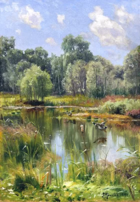 Forest pond with cattails and ducks flying, 1899 by Peder Mørk Mønsted