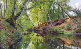 The beeches are reflected in a stream in the forest 1896 by Peder Mørk Mønsted