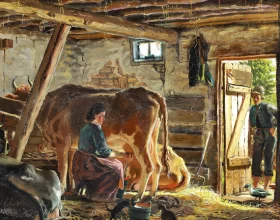 In the stable a girl is milking and a young man is watching 1877 by Peder Mørk Mønsted