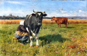The cow is milked in the warm summer weather, 1923 by Peder Mørk Mønsted