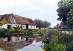 Children playing near a thatched farmhouse at Samsø 1931 by Peder Mørk Mønsted