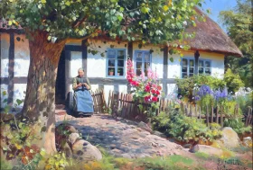 Grandmother crocheting on a summer day, 1925 by Peder Mørk Mønsted