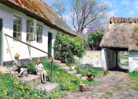 Summer day at a thatched farm with two children sitting on the stairs in the sunshine 1929 by Peder Mørk Mønsted