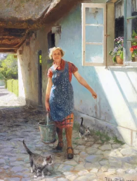 A woman and some cats in a farmyard at Strøby 1939 by Peder Mørk Mønsted