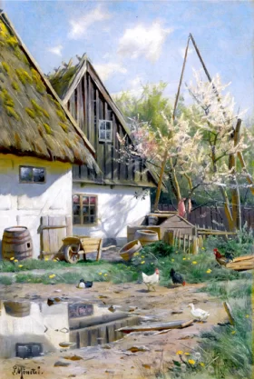 Farmhouse with Chickens by Peder Mørk Mønsted