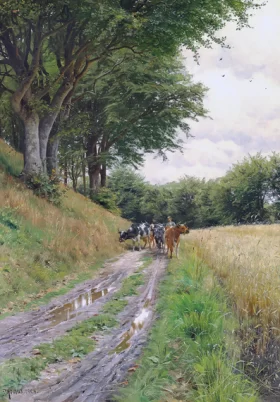 A farmer herding his cows along a path at the edge of a wood 1904 by Peder Mørk Mønsted
