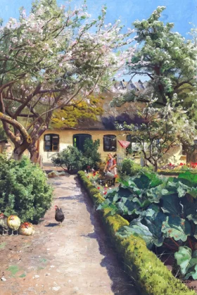 Springtime in a garden with a girl watering the flowers 1920 by Peder Mørk Mønsted