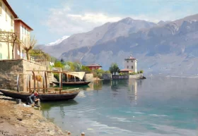Calm sunny day at Lake Como. A young girl washes clothes 1920 by Peder Mørk Mønsted