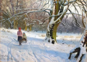 Children playing with sleighs in Dyrehaven 1924 by Peder Mørk Mønsted